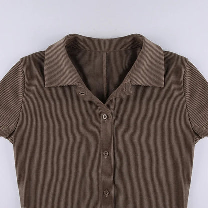 Fashion Solid Color Lapel Short Playsuit One-Piece Slim Fit Button Down Short Sleeve Rompers Casual Knit Y2k Womens Clothing