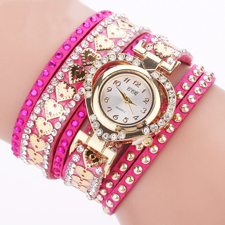 Fashion Rhinestone Heart Dial Women Watches Long Velvet Band Wristwatch