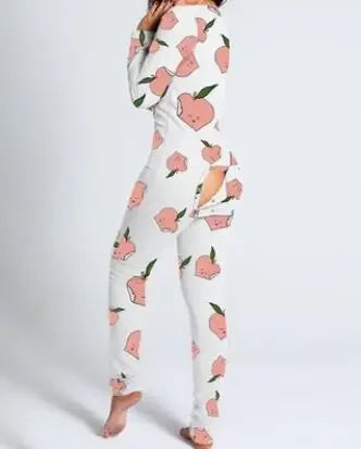 Adult Long Sleeve Pajamas Button Flip Cover Women's 1Piece Loungewear Butt Button Back Flap Jumpsuit Sleepwear Romper Home Wear