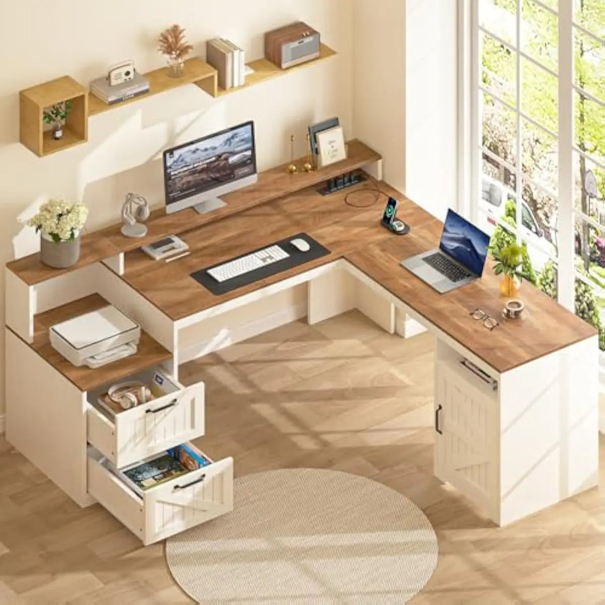 L Shaped Executive Desk 63 Inch Wide with Printer Shelf Open Compartment Adjustable Cabinet USB Charging Station Ergonomic Monit