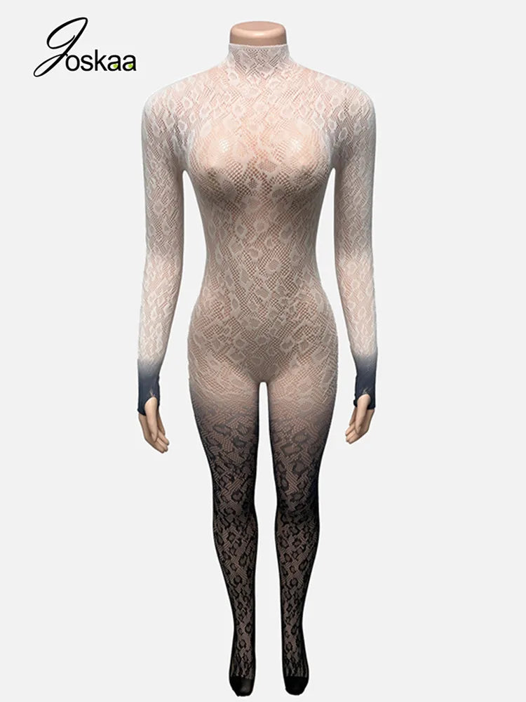 Joskaa Sexy Lace Backless Gradient Foot Jumpsuit Women Hipster O-Neck Full Sleeve Skinny Rompers Coquette Midnight Clubwear