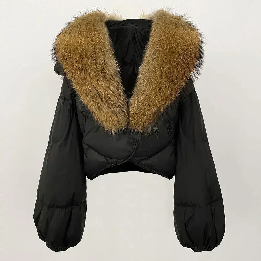 Winter Female White Duck Down Jacket Luxury Loose Short Fashion Casual Women Warm Real Fox Fur Coat Long Sleeve Puffer Jacket