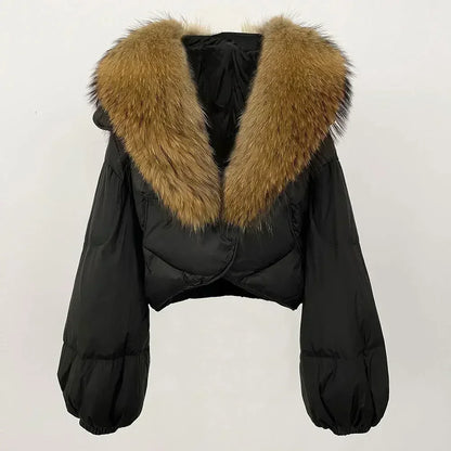 Winter Female White Duck Down Jacket Luxury Loose Short Fashion Casual Women Warm Real Fox Fur Coat Long Sleeve Puffer Jacket