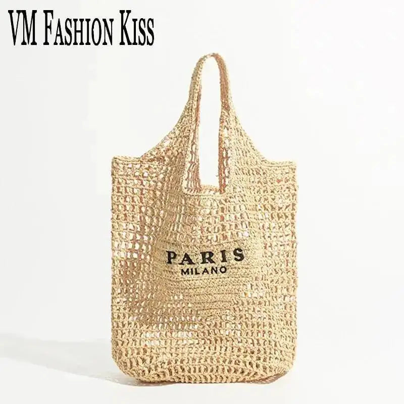 2024 Luxury Design Women Plaited Raffia Straw Bag Large Capacity Casual Tote Handbag Hollow Summer Beach Vacation Shoulder Bag