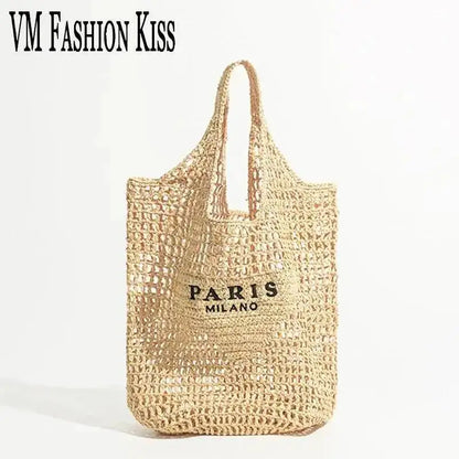 2024 Luxury Design Women Plaited Raffia Straw Bag Large Capacity Casual Tote Handbag Hollow Summer Beach Vacation Shoulder Bag