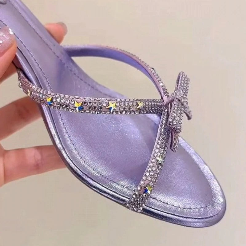 CRYSTAL Bowknot Decorated Kitten Heel Slippers for Women Sexy Round Toe Summer Luxury Sandals Elegant Party Designer Dress Shoes