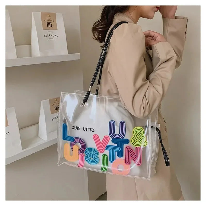 New FashionTransparent Tote Bag for Women Large Capacity Jelly Shoulder Handbag Versatile Casual Crossbody Bag for Spring Summer