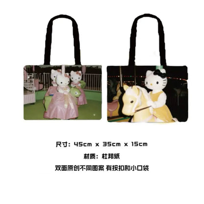 Y2k Hello Kitty Print Handbag Non-woven Fabric Creative Light-weight Shoulder Bag Large Capacity Leisure Shopping Bag for Women