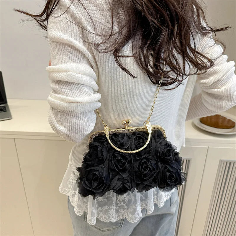 Luxury Women Chain Shoulder Bag Chiffon 3D Flower Banquet Bag Fashion Evening Bags Fashion Clutch Handbag Trendy Crossbody Bag