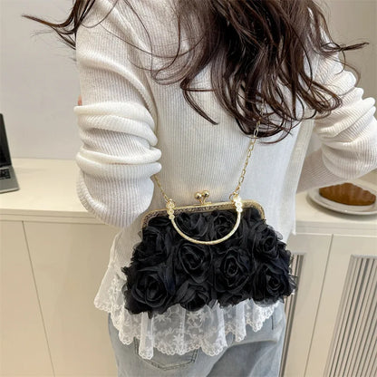 Luxury Women Chain Shoulder Bag Chiffon 3D Flower Banquet Bag Fashion Evening Bags Fashion Clutch Handbag Trendy Crossbody Bag