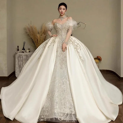 Customized Vestido De Noiva Strapless Sleeveless Wedding Dresses 2025 For Women Beads Sewn Ivory Lace Bride Boho Bridal Gown 096