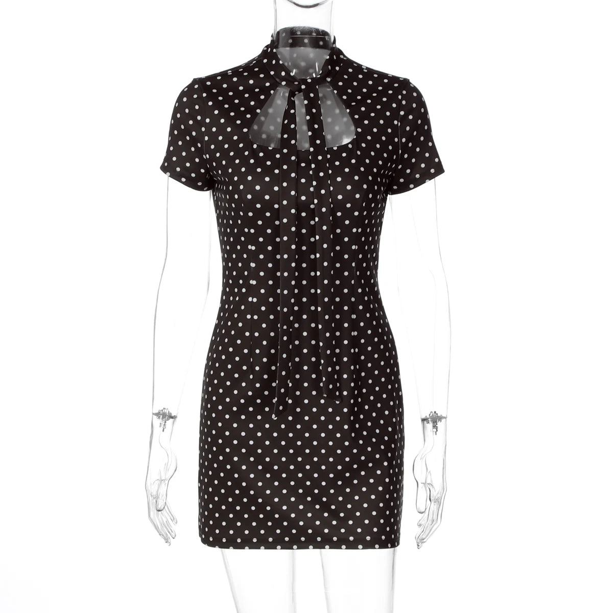 Dulzura Turtleneck Short Sleeve Lace Up Hollow Out Polka Dot Mini Dress Women'S Fashion Sexy Elegant Dress Party Vacation Outfit