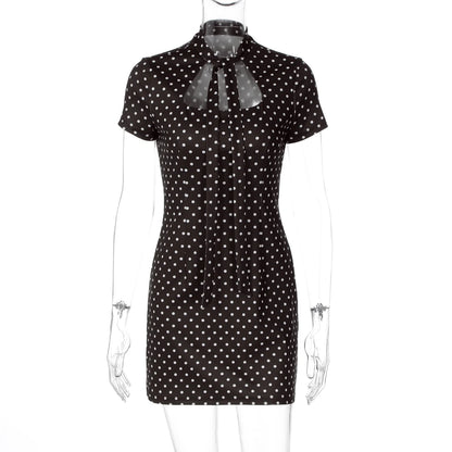 Dulzura Turtleneck Short Sleeve Lace Up Hollow Out Polka Dot Mini Dress Women'S Fashion Sexy Elegant Dress Party Vacation Outfit
