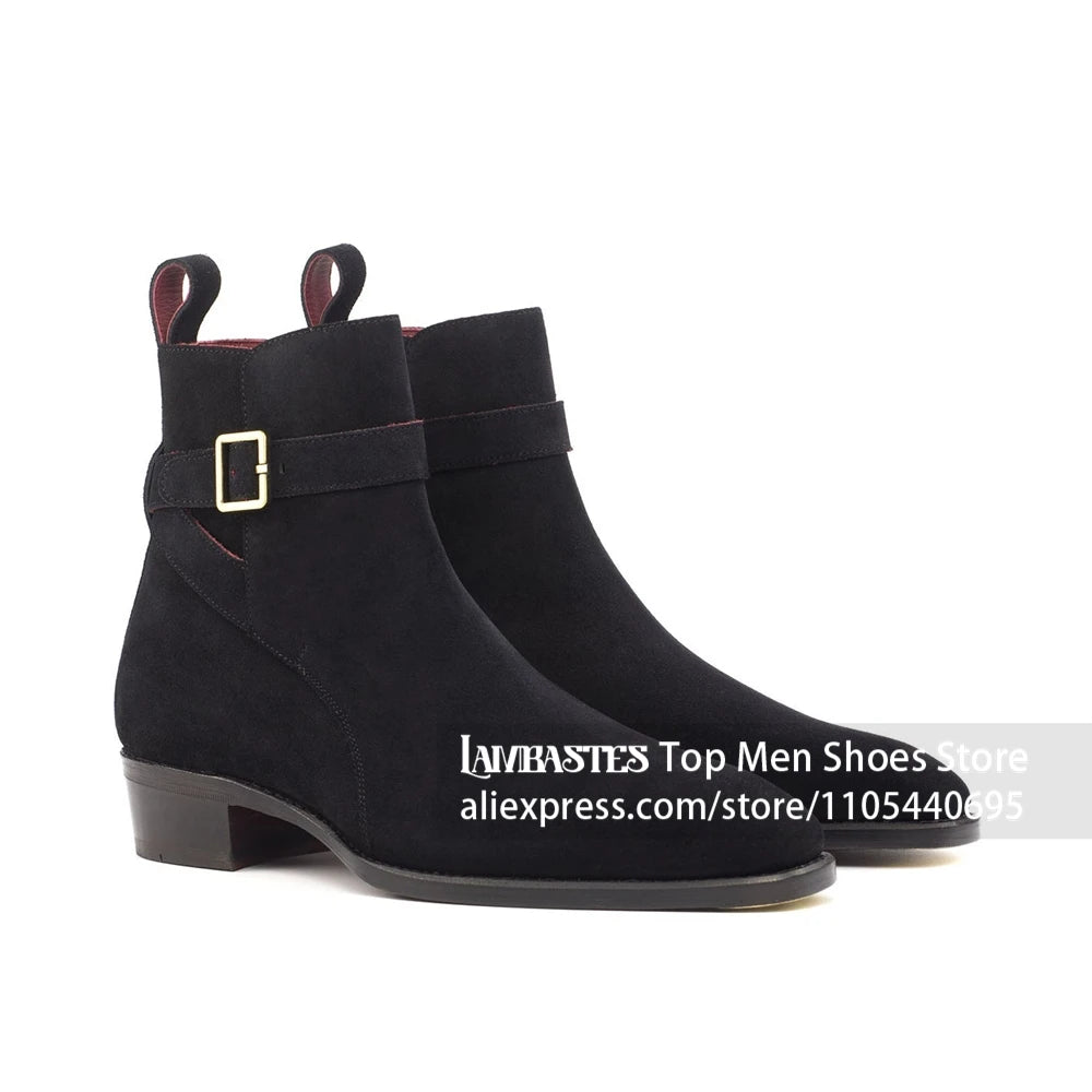 Suede Buckle Strap Ankle Boots Suede Leather Side Buckle Casual Dress Boots Vintage Suede Low Block Heel Pull On Boots for Men