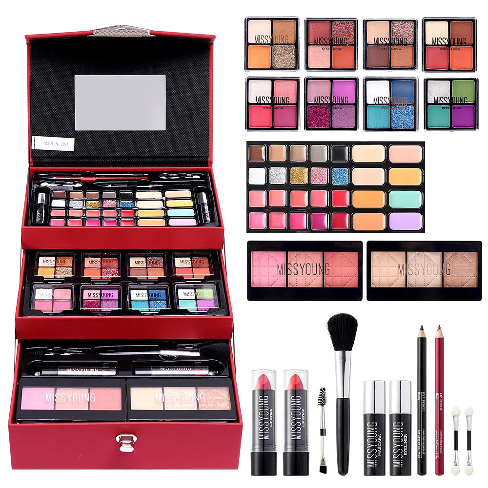 Portable Makeup Case Set Eyeshadow Lipstick Eyeliner Lip Liner Blush Complete Facial Cosmetic Kit, Ideal Holiday Gift Makeup Set