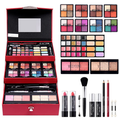 Portable Makeup Case Set Eyeshadow Lipstick Eyeliner Lip Liner Blush Complete Facial Cosmetic Kit, Ideal Holiday Gift Makeup Set