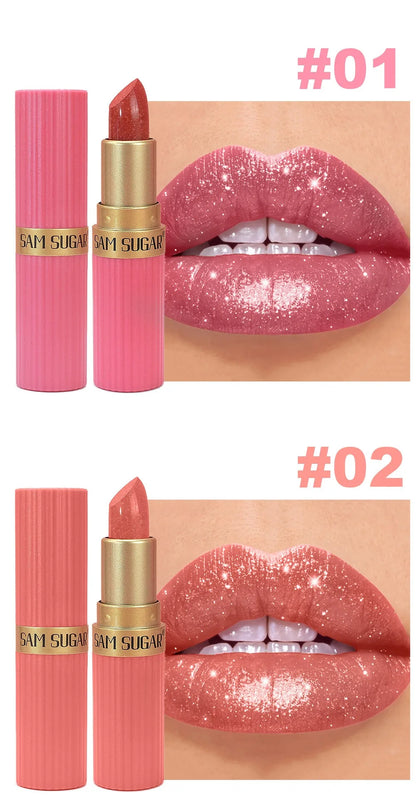 Pearlescent Pink Glitter Velvet Lipstick Metallic Waterproof Long Lasting Matte Shimmer Diamond Lipstick Women Makeup Cosmetic