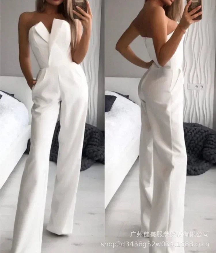 New Fashion Women's Elegant Jumpsuits Solid Off Shoulder Sexy Slim Jumpsuits Female Sleeveless High Waist Wide Leg Rompers Pants