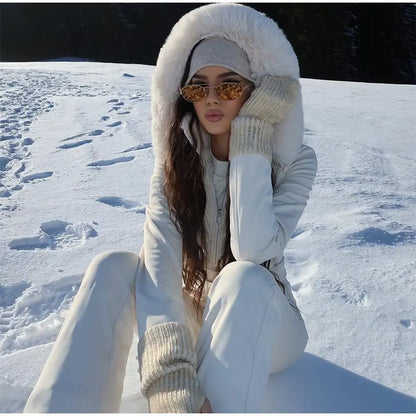 Women's Chic White Hooded Ski Jumpsuit with Waist Belt Warm Snowproof One-Piece Snow Wear Winter Sports Fashion Lady Snowsuit