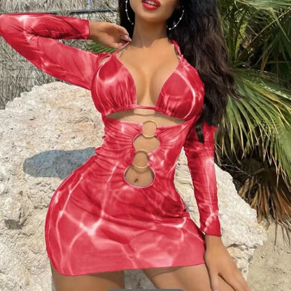3 Piece Bikini Set Women Swimsuit Halter Cutout Metal Ring Mesh Cover Up Beach Dress Swimwear Bathing Suit