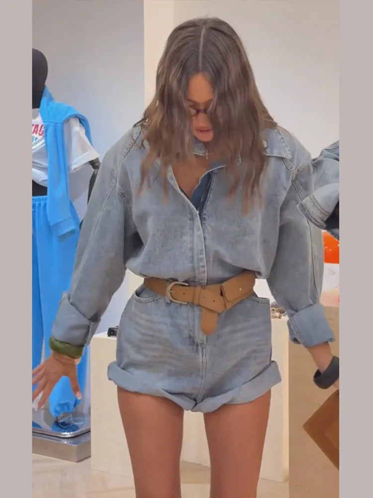 2026 Summer Autumn Street Denim Jumpsuits Women Long Sleeve Stand Collar Zipper Lady Jumpsuit With Belt Fashion Female Romper