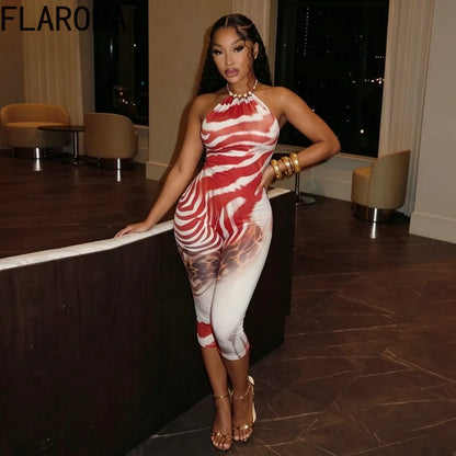 FLARORA Sexy Zebra Stripe Print Jumpsuits Woman Halter Sleeveless Backless Skinny Peach Hip Playsuits Hot Girl Street Overalls