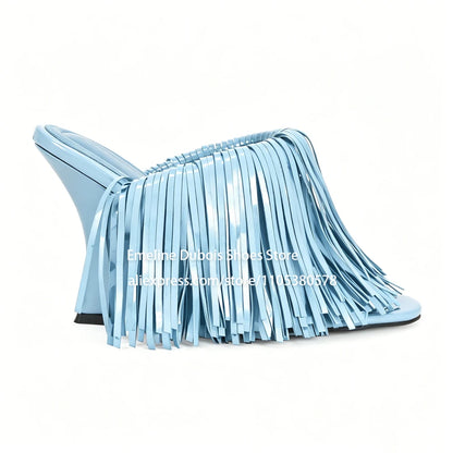 Blue Patent Leather Fringe Wedge Heel Mules Open Peep Toe Slip On Irregular Heel Sandals Nightclub Party Runway Shoes for Women
