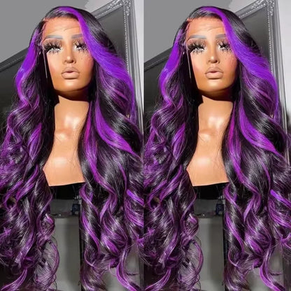 220% Density Ombre Purple Highlight Body Wave 13x6 HD Lace Front Wig Human Hair Waves Dark Purple 13x4 Lace Frontal Wigs For Women