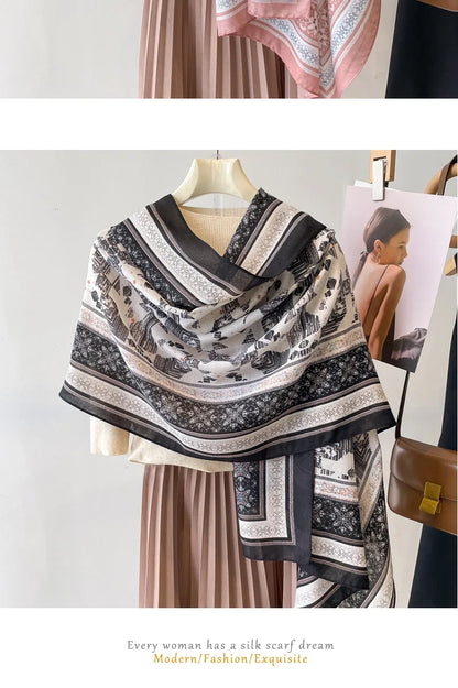 Sun Protection Silk Scarf Women's Retro Ethnic Style Cotton Linen Beach Holiday Wrap Shawl Outerwear Geometric Print Korean S...
