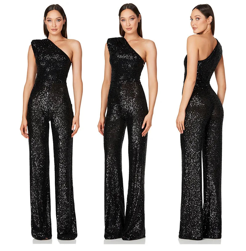 Women Elegant Long Jumpsuits Slanted Collar Party 2026 Sexy Glitter Sequin Club Playsuits Fashion Backless Solid Romper