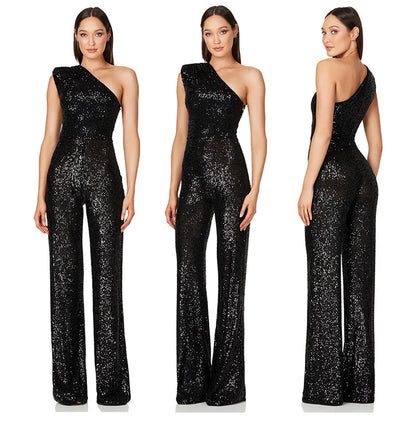 Women Elegant Long Jumpsuits Slanted Collar Party 2026 Sexy Glitter Sequin Club Playsuits Fashion Backless Solid Romper