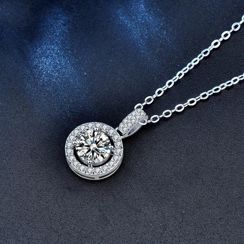 A Stylish and Trendy 925 Silver 1-Carat/2-Carat Moissanite Round Pendant Necklace with a Sophisticated Design.