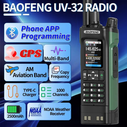 BAOFENG UV 32 Walkie Talkie Long Range GPS 10W Multi Band Wireless Bluetooth Programming Copy Frequency UV32 Ham Radio Camping