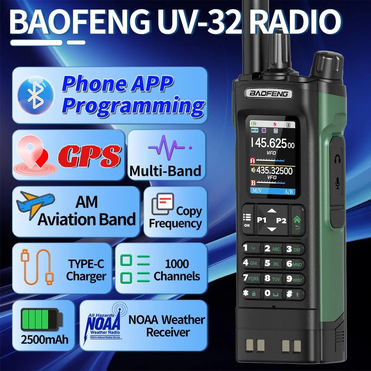 BAOFENG UV 32 Walkie Talkie Long Range GPS 10W Multi Band Wireless Bluetooth Programming Copy Frequency UV32 Ham Radio Camping