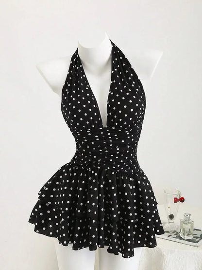 New Street Spicy Girl Digital Printed Design with Neck Hanging, Sleeveless Short, Thin Waist Cake Skirt