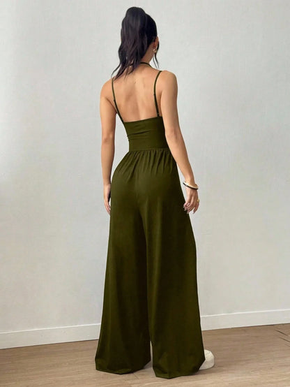 Women Halter Spaghetti Strap Jumpsuits Summer Casual Elastic High Waist Backless Wide Leg Long Pants Romper Club Party Overalls