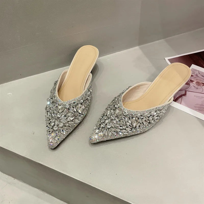 Luxury Rhinestone Sandals Women Slingback Slippers Female Fashions Low Heel Flip-flops Shiny Pointed Pumps Women Mules Slippers
