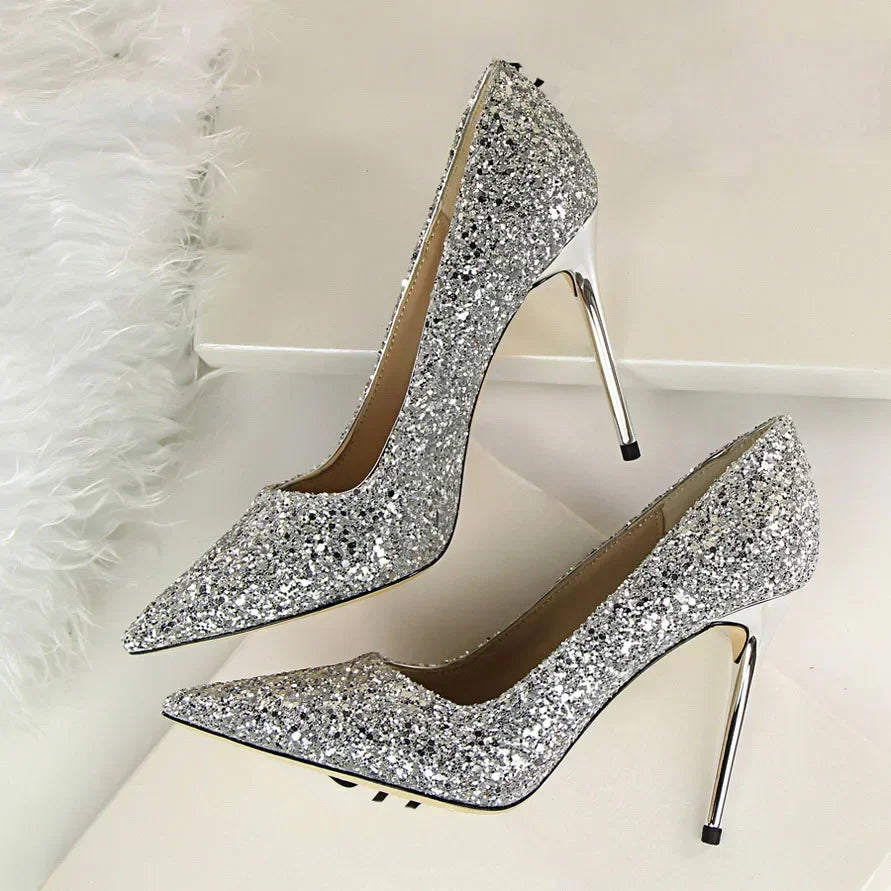 Women Luxury Bling Red  Blue Valentine Party Scarpins Pumps Lady Glitter Sequins 7cm 9.5cm High Heels Designer Shoes Plus Size