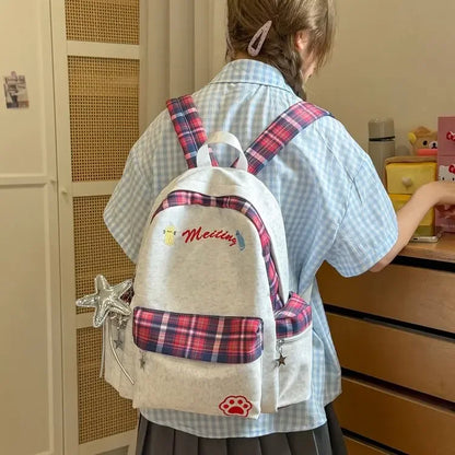 Preppy Style Blue Backpack for Girls, Plaid Spliced School Bag, Cute Nylon Daypack Star Pendant, Large Capacity Student Rucksack