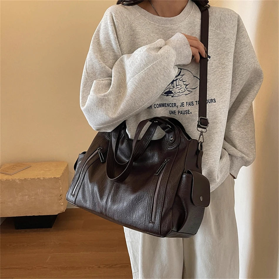 New Large Capacity Soft Leather Women's Handbag Fashion Trend Designer Women Shoulder Bag Simple Retro Female Travel Bags Sac