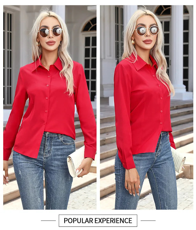 Women Elegant Solid Button Shirt Chiffon Blouse Spring Summer Casual Solid Long Sleeve Turn Down Collar Tunics OL Shirt Tops