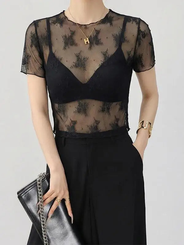 White Lace Mesh Base Shirt Women's Transparent Inner Wear Outerwear Slimming Short Style Korean Version Floral Print Top