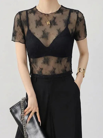 White Lace Mesh Base Shirt Women's Transparent Inner Wear Outerwear Slimming Short Style Korean Version Floral Print Top