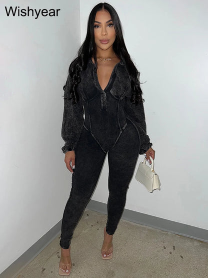 Elegant Autumn Pink Jumpsuits for Women Street Long Sleeve Lapel Bodycon Sexy Sporty Rompers Casual Skinny One Pieces Overall