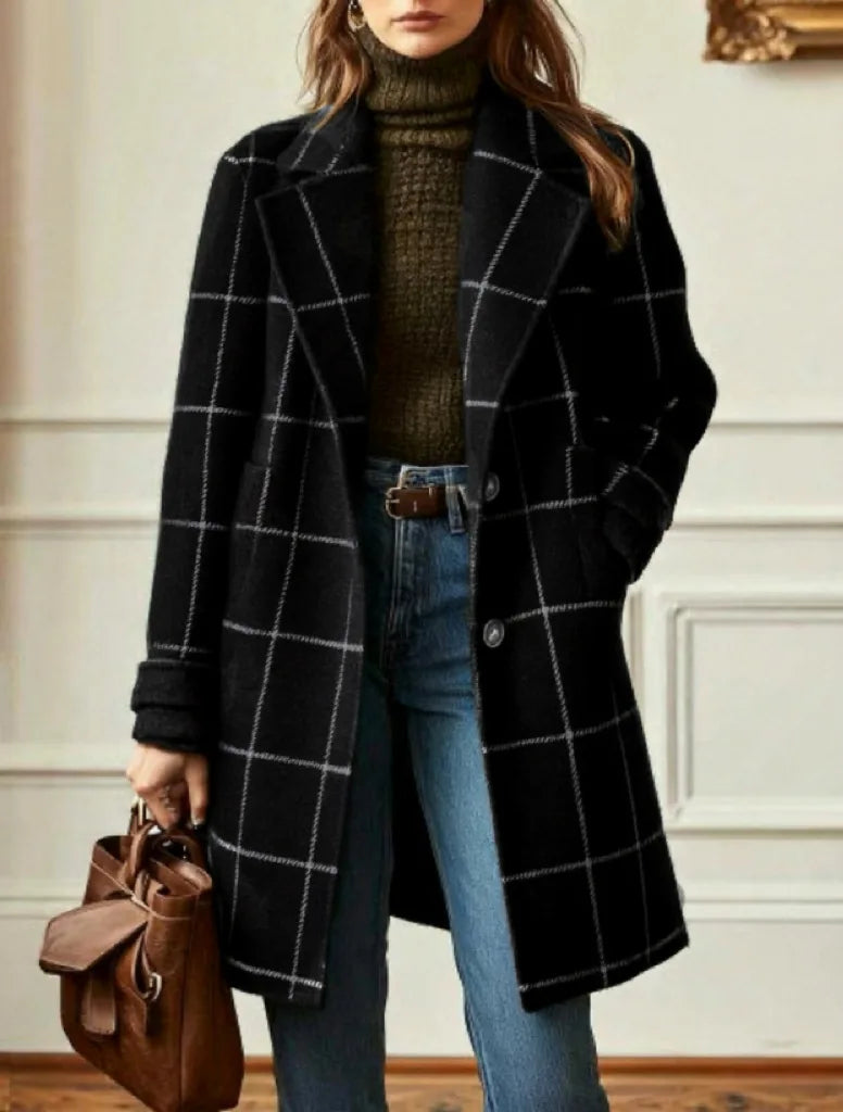 Winter Women's Wool Mid Length Coats Jackets Blends Plaid Turn Down Collar Coat Thick Warm Y2k Streetwear Jacket Work Outerwear