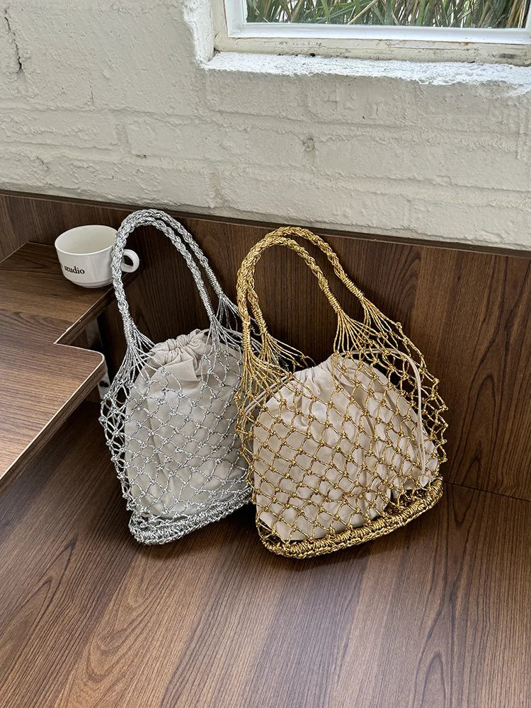 Hylhexyr Ins New Solid Color Gold and Silver Thread Handmade Weaving Bag Bucket Shaped Fashion Handbag Beach Bags