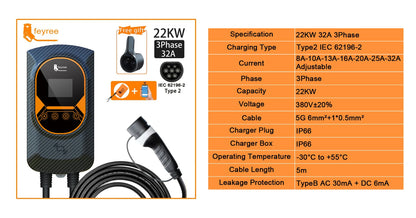 Feyree EV Charging Station 32A Electric Vehicle Car Charger EVSE Wallbox Wallmount 7.6/11/22KW Type2 Cable IEC62196 APP Control