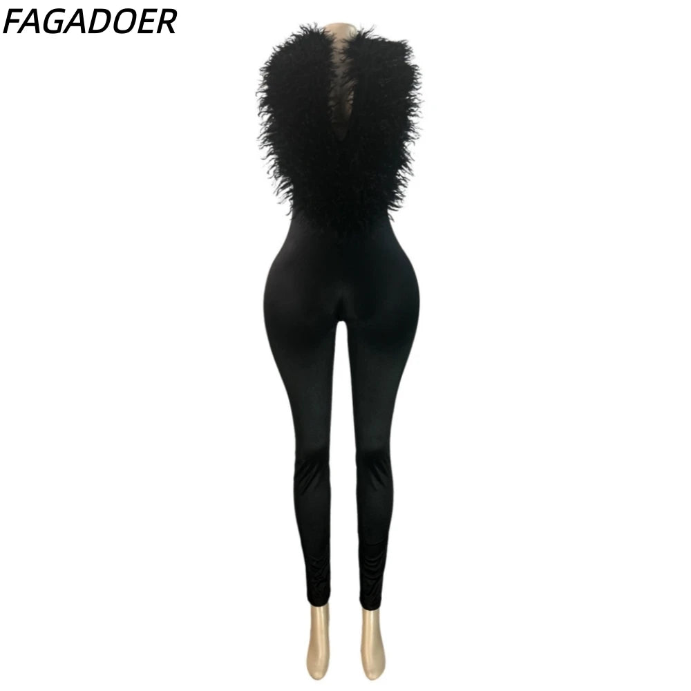 FAGADOER Women Faux Fur Halter Jumpsuit Deep V Neck Sleeveless Shiny Bodycon Long Pants Sexy Party Clubwear One Piece Outfit