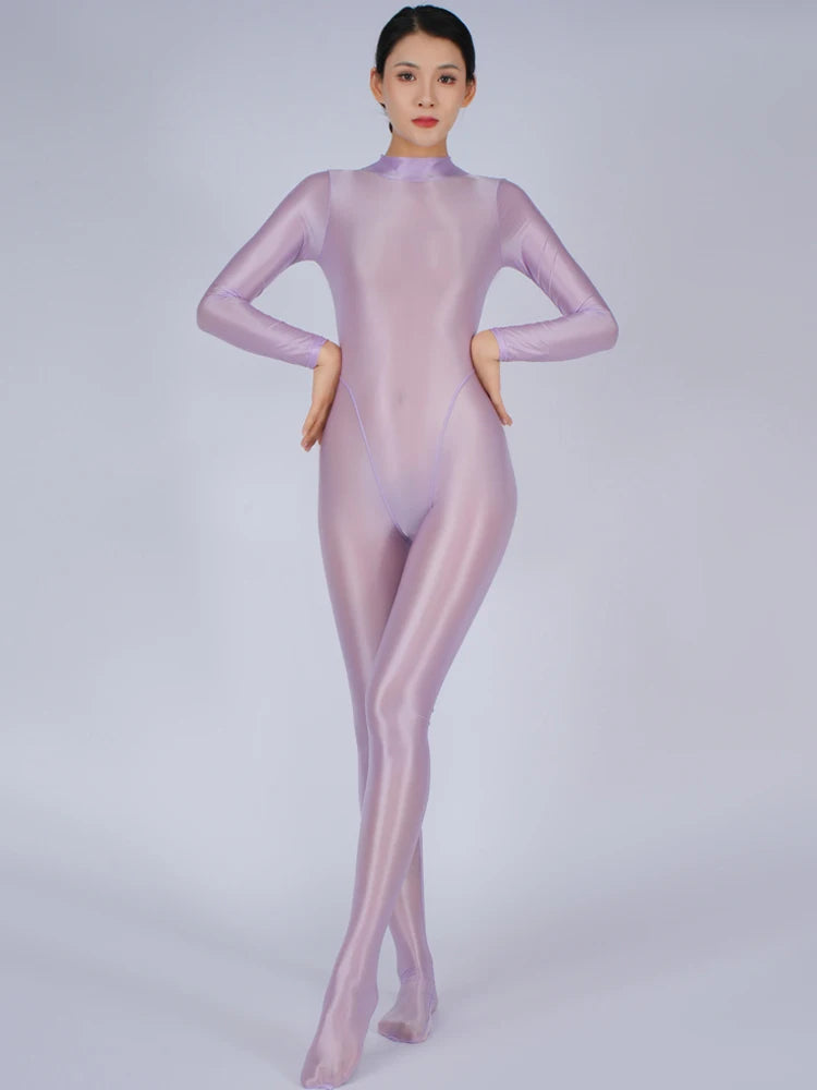 Sexy Women Yoga Shaper Tight Wear Oil Glossy Shiny Elastic Bodysuit Sheer See Through Rompers Jumpsuits Candy Color
