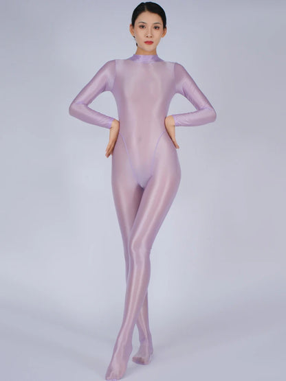 Sexy Women Yoga Shaper Tight Wear Oil Glossy Shiny Elastic Bodysuit Sheer See Through Rompers Jumpsuits Candy Color